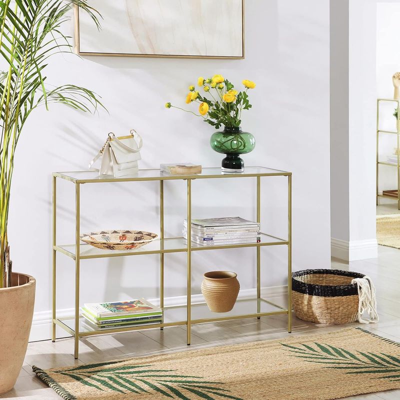Casa si Gradina - Mobilier - Mese si birouri - Masute de cafea - Masa de intrare, pe 3 nivele, blat din sticla securizata, cadru metalic, 30x100x73cm, auriu - Infinity.ro