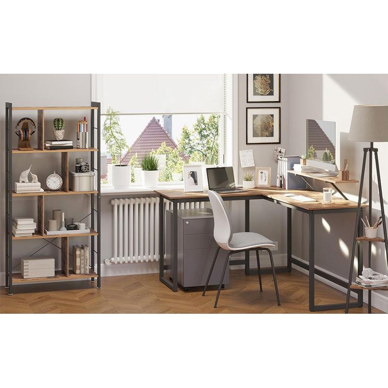 Casa si Gradina - Mobilier - Mese si birouri - Birouri - Birou in forma de L cu suport pentru monitor, cadru metalic, 140x130x76cm, maro rustic - Infinity.ro