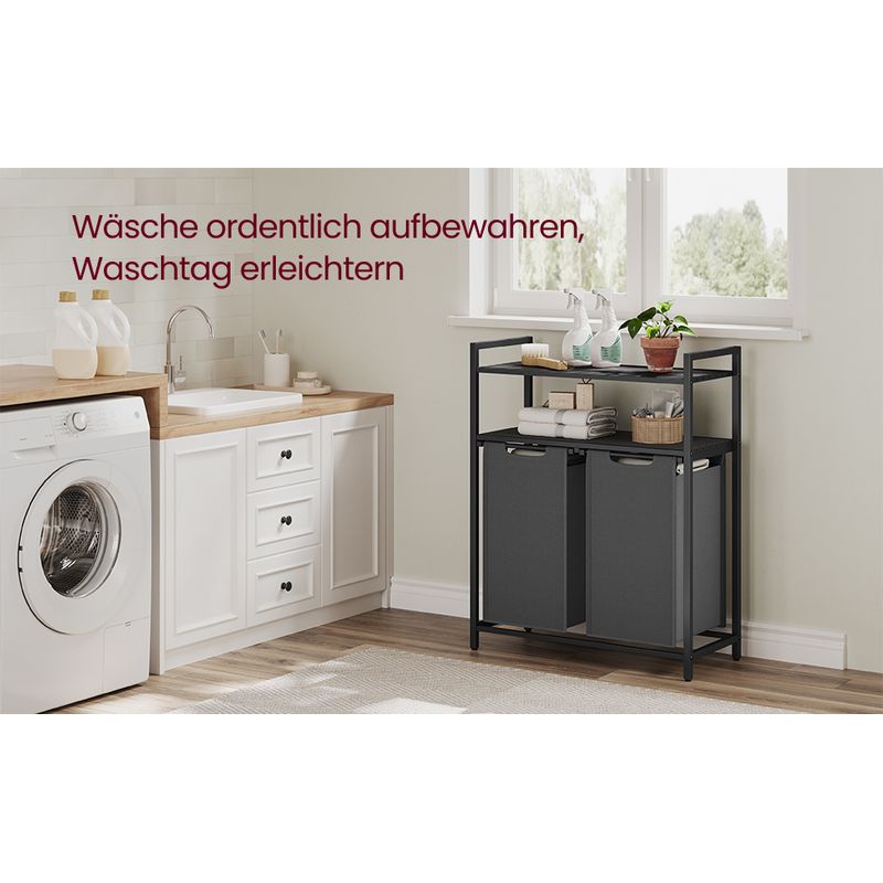 Market - Spalare si intretinere rufe - Uscatoare de rufe si accesorii - Cos de rufe, cu 2 saci detasabili, 2 rafturi, capacitate de 46L per sac, 73x33x92cm , negru si gri - Infinity.ro