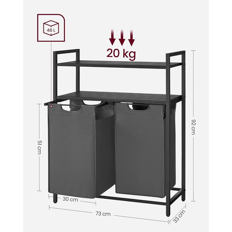 Market - Spalare si intretinere rufe - Uscatoare de rufe si accesorii - Cos de rufe, cu 2 saci detasabili, 2 rafturi, capacitate de 46L per sac, 73x33x92cm , negru si gri - Infinity.ro