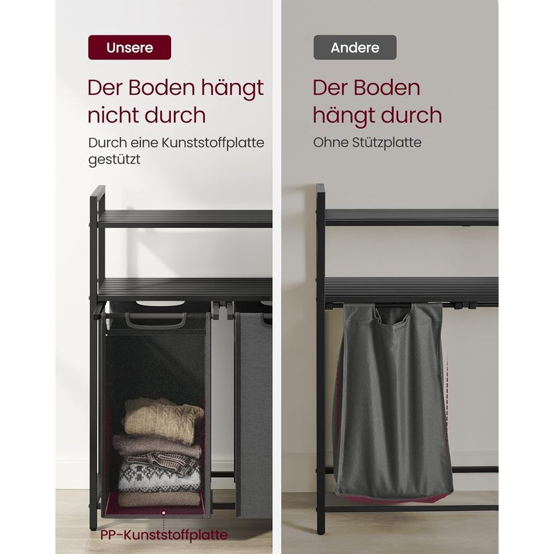Market - Spalare si intretinere rufe - Uscatoare de rufe si accesorii - Cos de rufe, cu 2 saci detasabili, 2 rafturi, capacitate de 46L per sac, 73x33x92cm , negru si gri - Infinity.ro