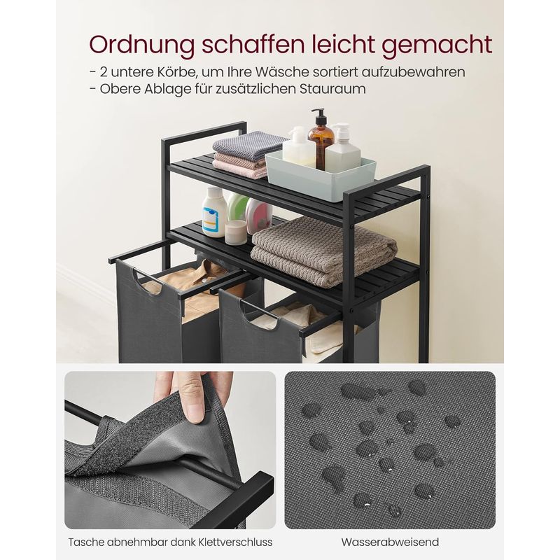 Market - Spalare si intretinere rufe - Uscatoare de rufe si accesorii - Cos de rufe, cu 2 saci detasabili, 2 rafturi, capacitate de 46L per sac, 73x33x92cm , negru si gri - Infinity.ro