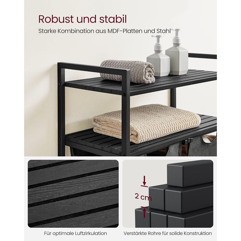 Market - Spalare si intretinere rufe - Uscatoare de rufe si accesorii - Cos de rufe, cu 2 saci detasabili, 2 rafturi, capacitate de 46L per sac, 73x33x92cm , negru si gri - Infinity.ro