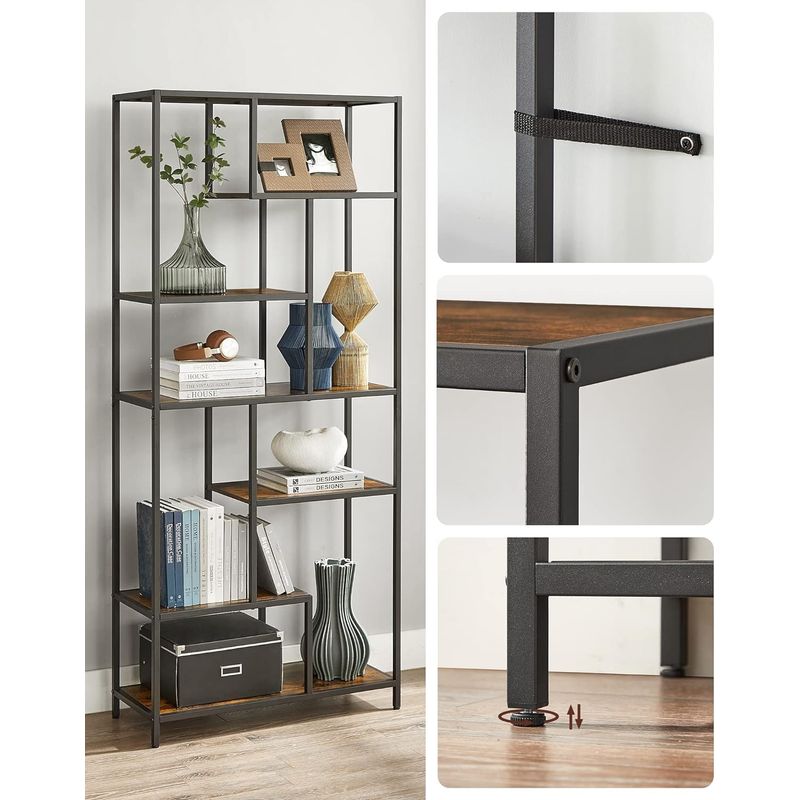 Casa si Gradina - Mobilier - Biblioteci si rafturi - Biblioteci - Biblioteca cu forma geometrica, pe 6 nivele, stil industrial, 30x80x180cm, maro rustic si negru - Infinity.ro