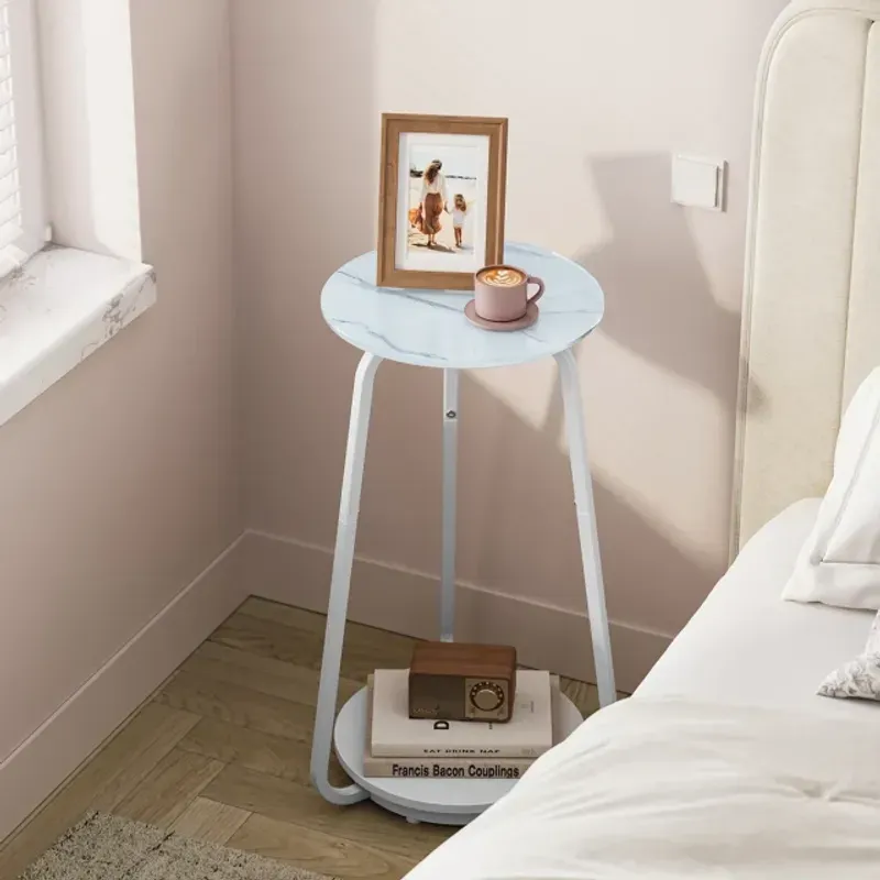 Casa si Gradina - Mobilier - Mese si birouri - Masute de cafea - Masuta rotunda tip noptiera, blat din sticla si raft inferior din PAL, cadru metalic, 30x30x55 cm, alb - Infinity.ro