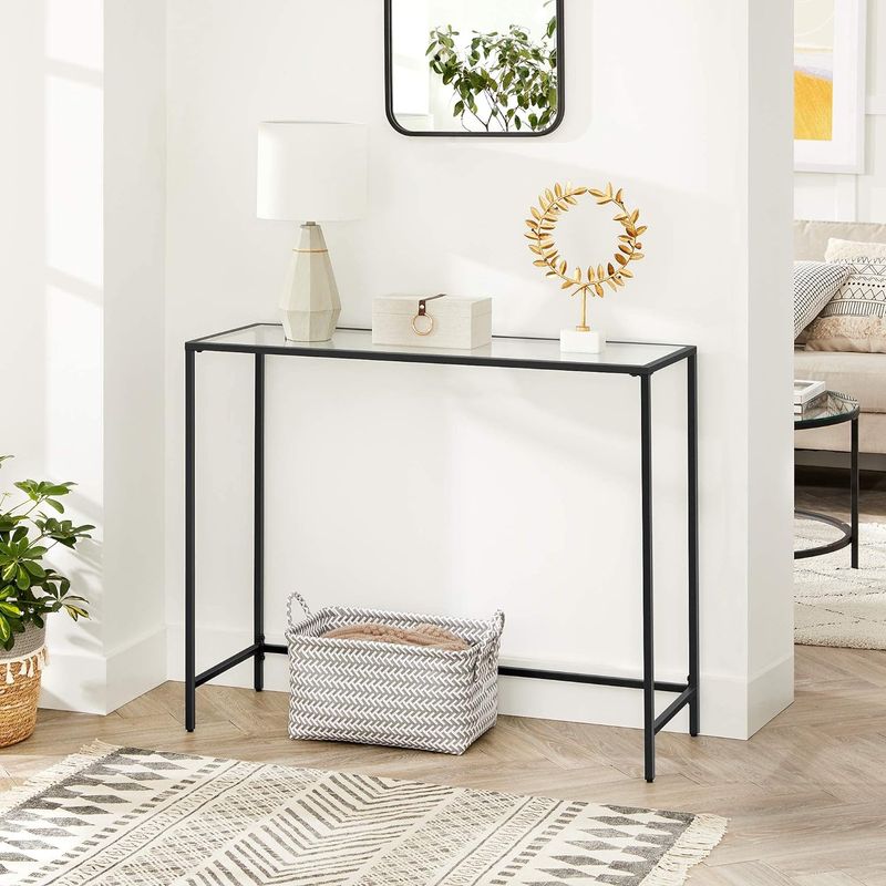 Casa si Gradina - Mobilier - Mese si birouri - Masute de cafea - Masa de intrare, blat din sticla securizata, cadru din metal, pentru sufragerie, 100x35x80cm, negru - Infinity.ro