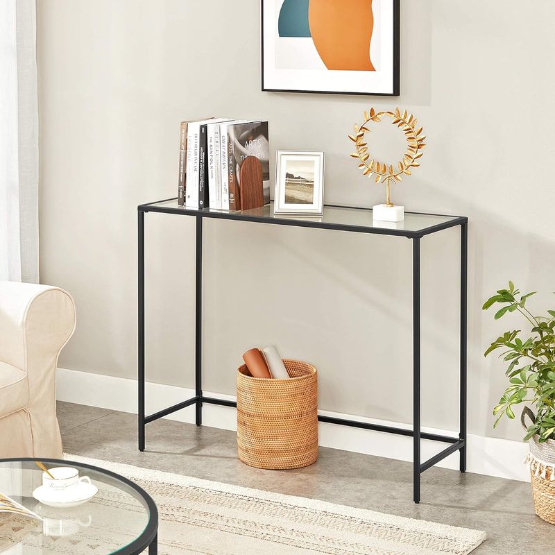 Casa si Gradina - Mobilier - Mese si birouri - Masute de cafea - Masa de intrare, blat din sticla securizata, cadru din metal, pentru sufragerie, 100x35x80cm, negru - Infinity.ro