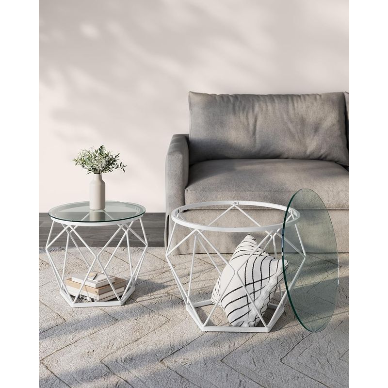 Casa si Gradina - Mobilier - Mese si birouri - Masute de cafea - Set 2 masute rotunde, blat sticla securizata, cadru metalic alb, 40 si 50 cm, alb - Infinity.ro