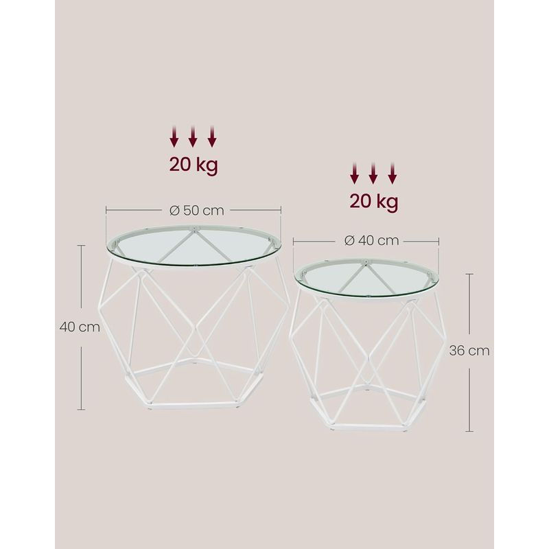 Casa si Gradina - Mobilier - Mese si birouri - Masute de cafea - Set 2 masute rotunde, blat sticla securizata, cadru metalic alb, 40 si 50 cm, alb - Infinity.ro