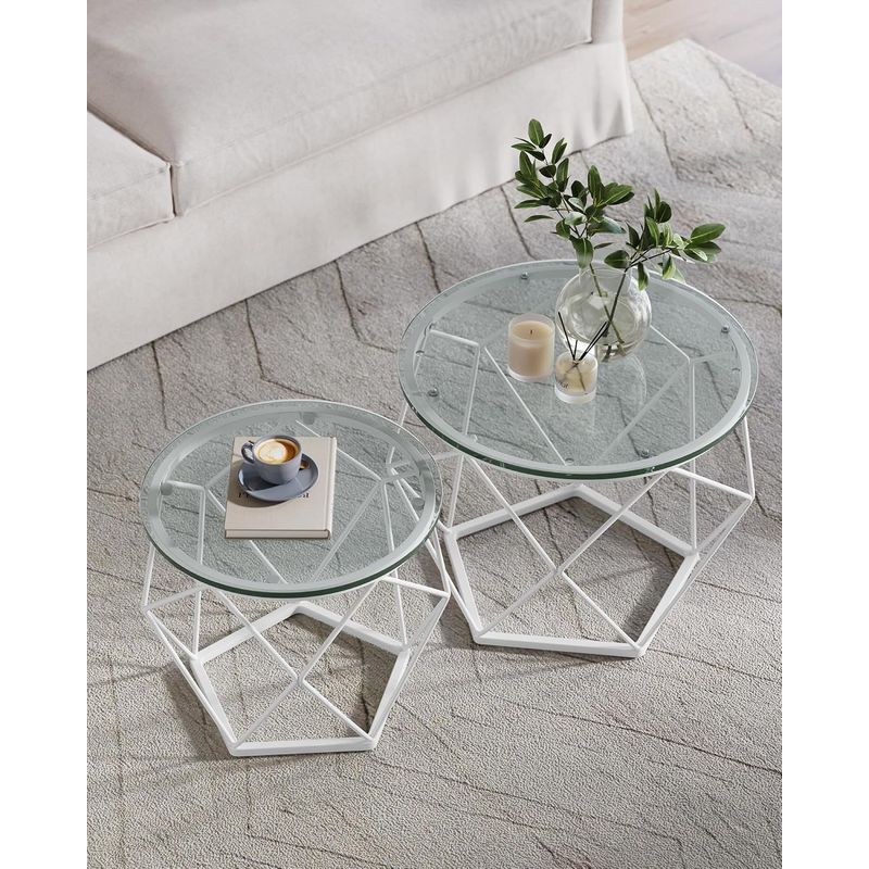 Casa si Gradina - Mobilier - Mese si birouri - Masute de cafea - Set 2 masute rotunde, blat sticla securizata, cadru metalic alb, 40 si 50 cm, alb - Infinity.ro
