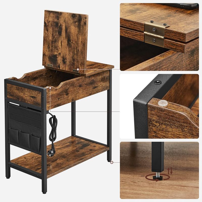 Casa si Gradina - Mobilier - Mese si birouri - Masute de cafea - Masa laterala pliabila, tip noptiera, cu prize si porturi USB, raft si geanta din textil, 60x32x60 cm, maro rustic - Infinity.ro