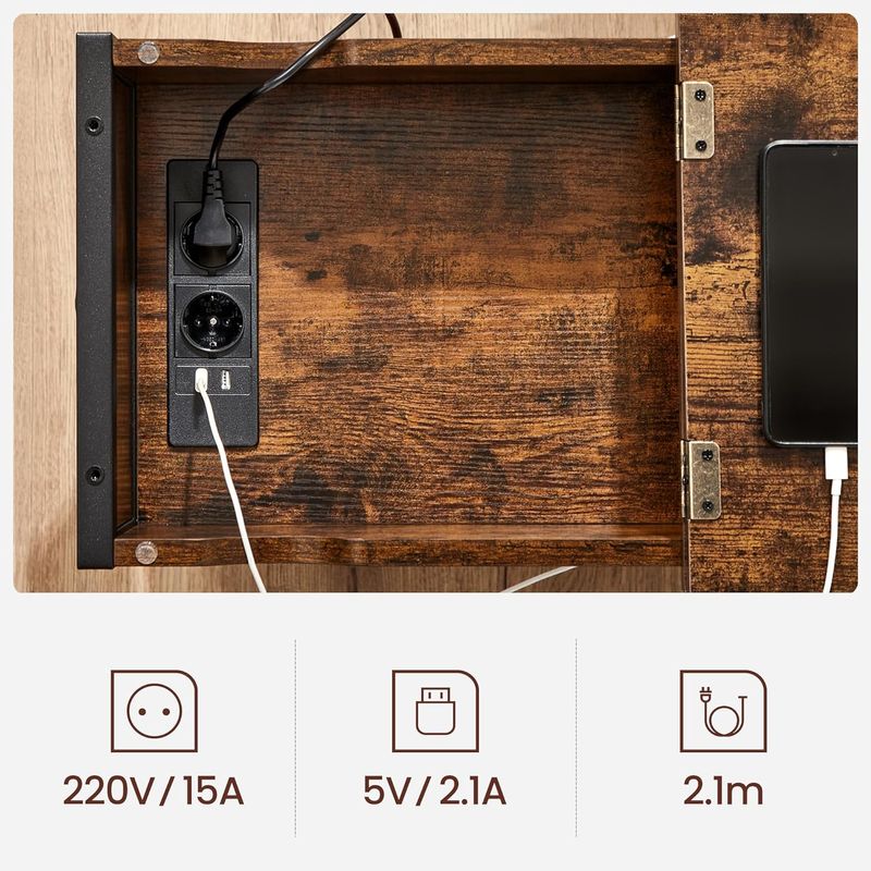 Casa si Gradina - Mobilier - Mese si birouri - Masute de cafea - Masa laterala pliabila, tip noptiera, cu prize si porturi USB, raft si geanta din textil, 60x32x60 cm, maro rustic - Infinity.ro