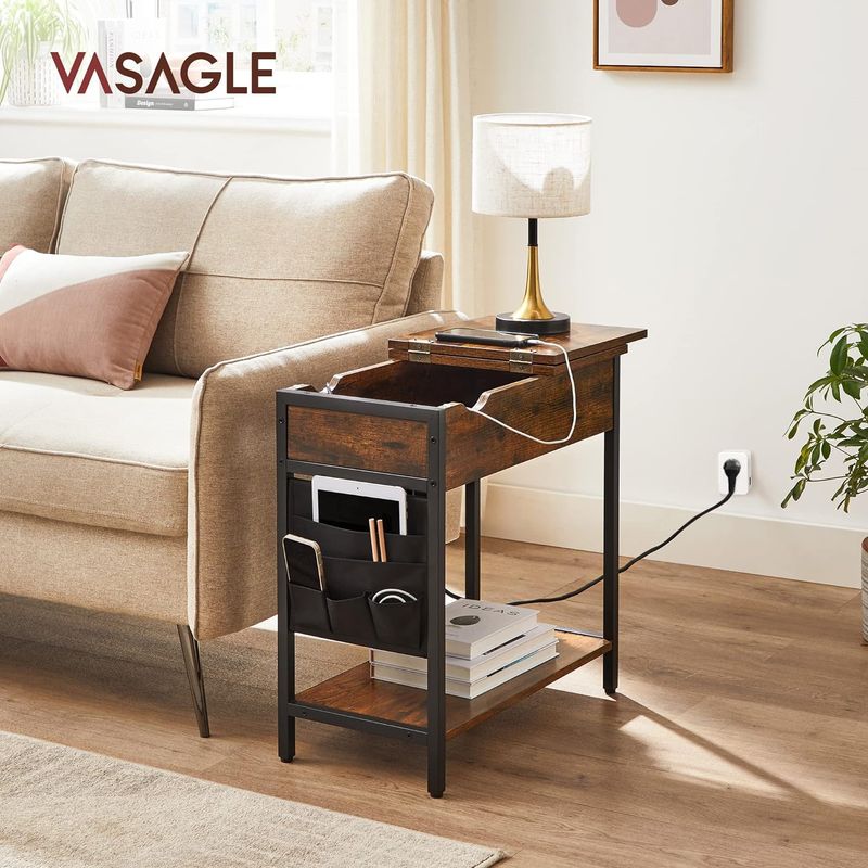 Casa si Gradina - Mobilier - Mese si birouri - Masute de cafea - Masa laterala pliabila, tip noptiera, cu prize si porturi USB, raft si geanta din textil, 60x32x60 cm, maro rustic - Infinity.ro
