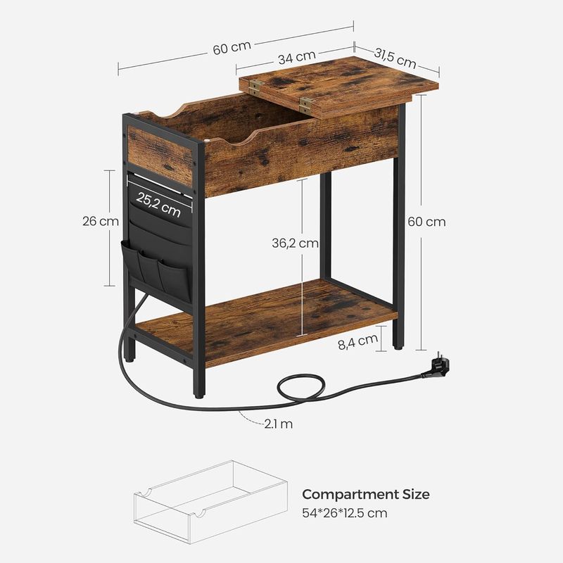 Casa si Gradina - Mobilier - Mese si birouri - Masute de cafea - Masa laterala pliabila, tip noptiera, cu prize si porturi USB, raft si geanta din textil, 60x32x60 cm, maro rustic - Infinity.ro