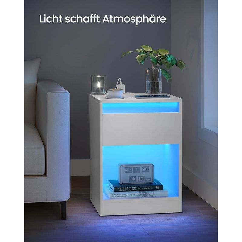 Casa si Gradina - Mobilier - Comode si corpuri - Noptiere - noptiera cu iluminare LED reglabila, 35x40x55 cm, 2 sertare, raft deschis, MDF si PAL, alb - Infinity.ro