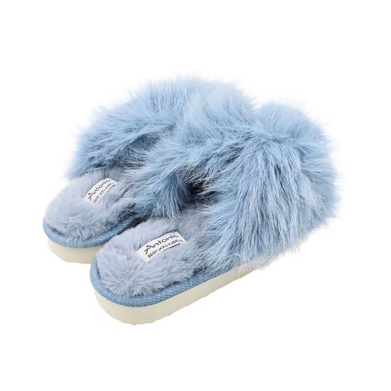 Fashion, accesorii si bijuterii - Femei - Incaltaminte femei - Slapi si papuci femei - Papuci de casa pufosi dama Antonio, bleu, confort premium, poliester + talpa EVA, 36-37 EU - Infinity.ro