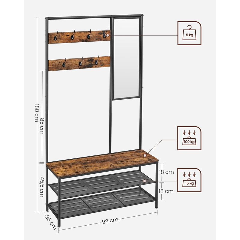 Casa si Gradina - Mobilier - Organizare si depozitare - Cuiere - Cuier cu rafturi depozitare pantofi si a€‹a€‹oglinda, industrial, 35x98x180 cm, maro rustic si negru - Infinity.ro