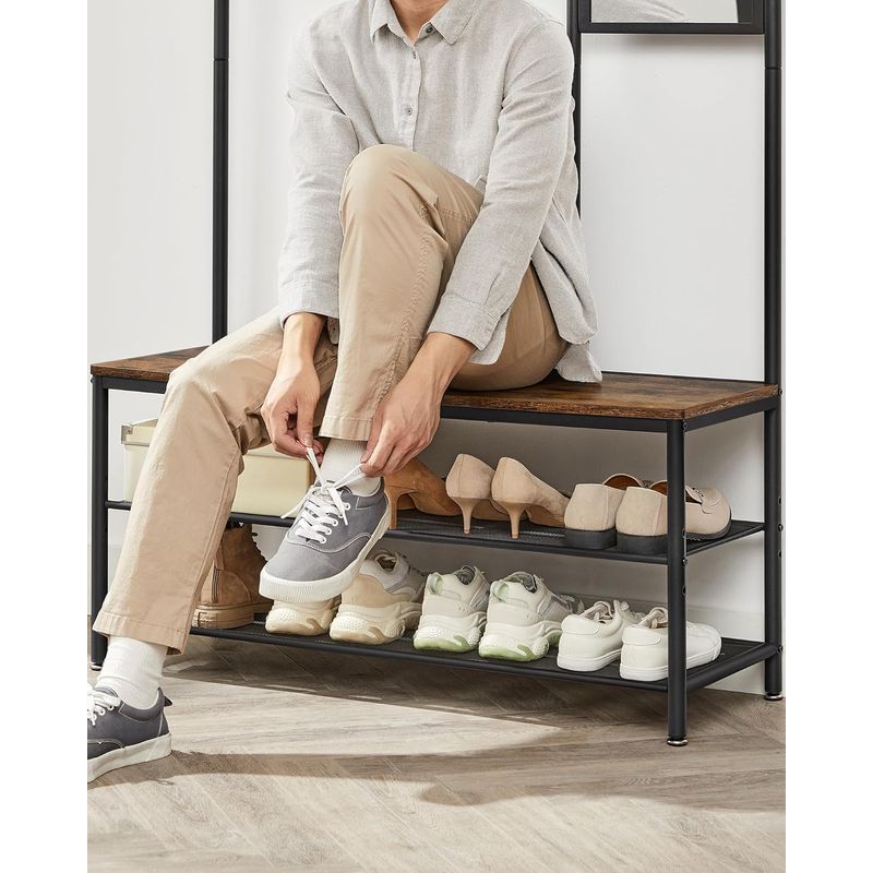 Casa si Gradina - Mobilier - Organizare si depozitare - Cuiere - Cuier cu rafturi depozitare pantofi si a€‹a€‹oglinda, industrial, 35x98x180 cm, maro rustic si negru - Infinity.ro