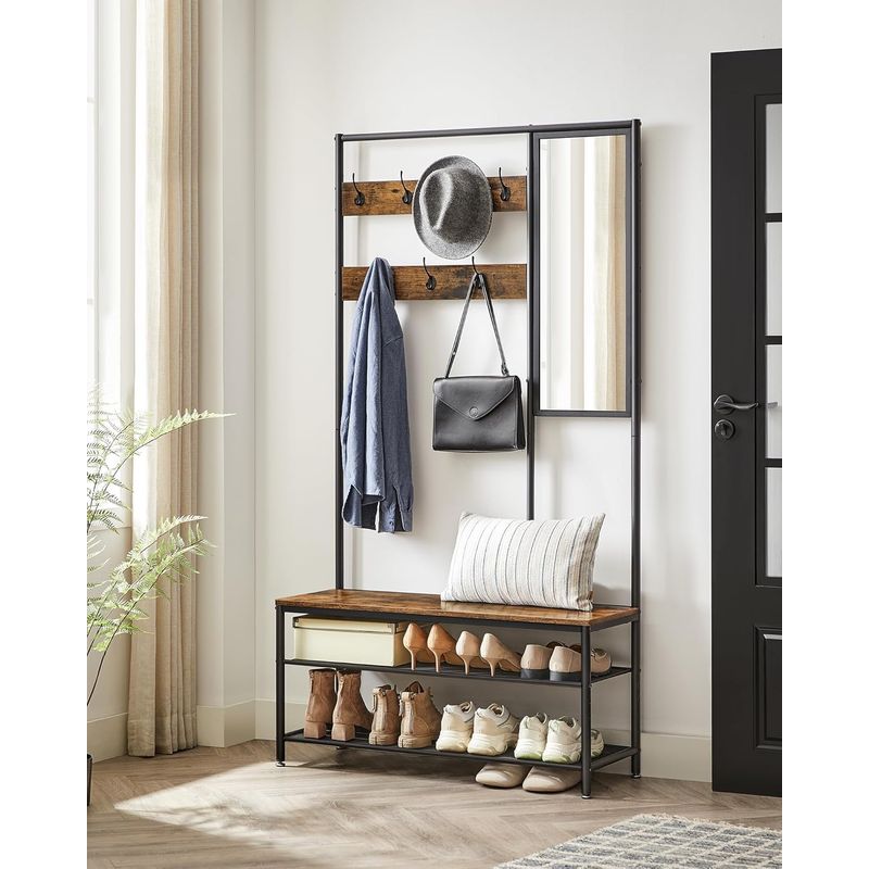 Casa si Gradina - Mobilier - Organizare si depozitare - Cuiere - Cuier cu rafturi depozitare pantofi si a€‹a€‹oglinda, industrial, 35x98x180 cm, maro rustic si negru - Infinity.ro