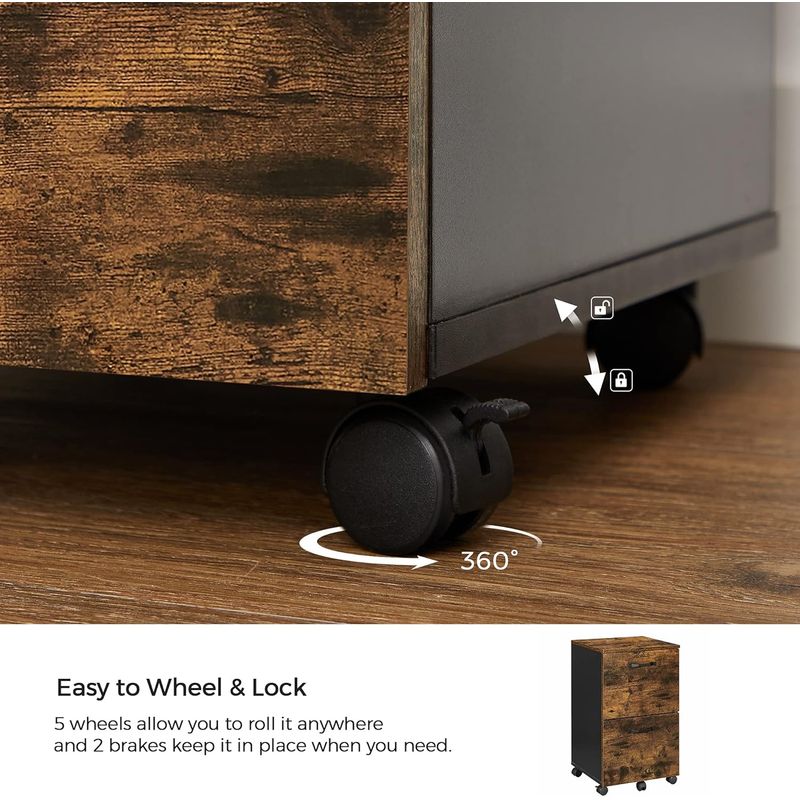 Casa si Gradina - Mobilier - Mese si birouri - Birouri - Dulap birou tip rollbox cu 2 sertare pentru documente A4, cu roti, stil industrial, 42x40x70 cm, maro rustic - Infinity.ro