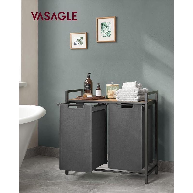 Market - Spalare si intretinere rufe - Uscatoare de rufe si accesorii - Cos de rufe, 2 compartimente, saci de rufe detasabili, raft, cadru metalic, 2x46L, 73x33x72 cm, maro rustic si gri - Infinity.ro