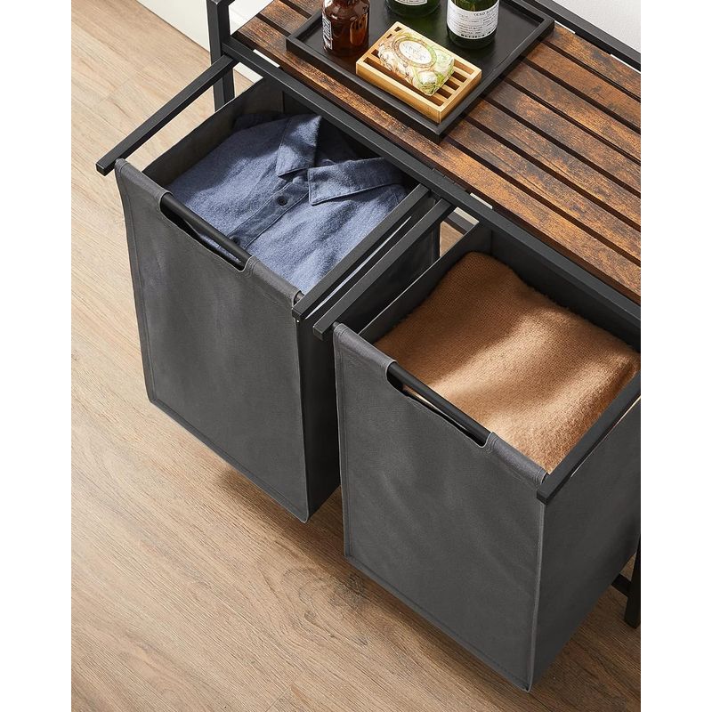 Market - Spalare si intretinere rufe - Uscatoare de rufe si accesorii - Cos de rufe, 2 compartimente, saci de rufe detasabili, raft, cadru metalic, 2x46L, 73x33x72 cm, maro rustic si gri - Infinity.ro