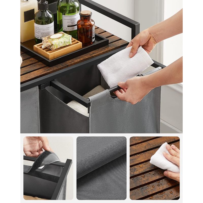 Market - Spalare si intretinere rufe - Uscatoare de rufe si accesorii - Cos de rufe, 2 compartimente, saci de rufe detasabili, raft, cadru metalic, 2x46L, 73x33x72 cm, maro rustic si gri - Infinity.ro