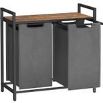 Market - Spalare si intretinere rufe - Uscatoare de rufe si accesorii - Cos de rufe, 2 compartimente, saci de rufe detasabili, raft, cadru metalic, 2x46L, 73x33x72 cm, maro rustic si gri - Infinity.ro