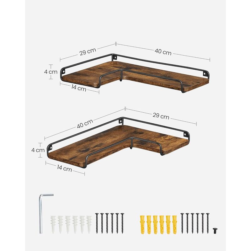 Casa si Gradina - Mobilier - Biblioteci si rafturi - Biblioteci - Set de 2 rafturi plutitoare de colt in forma de L, stil industrial, 40x29x14cm, maro rustic È™i negru - Infinity.ro