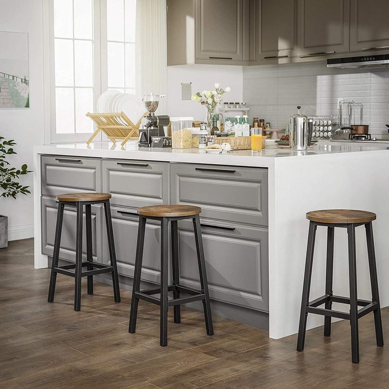 Casa si Gradina - Mobilier - Scaune si fotolii - Scaune - Set 2 scaune bar inalte, sezut rotund, cadru din otel, inaltime 65 cm, stil industrial, maro rustic si negru - Infinity.ro