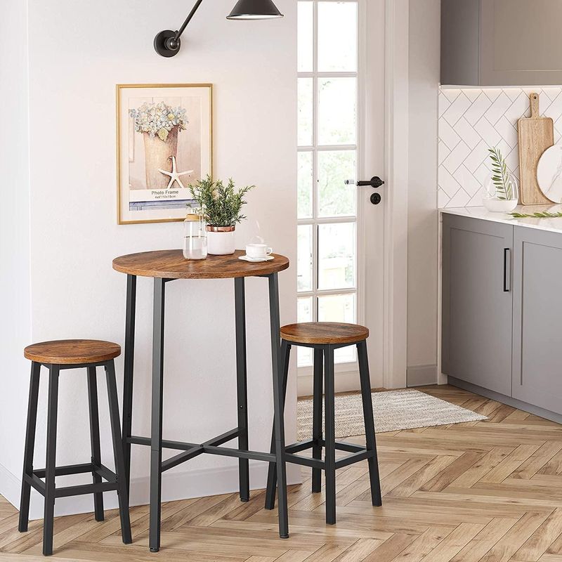 Casa si Gradina - Mobilier - Scaune si fotolii - Scaune - Set 2 scaune bar inalte, sezut rotund, cadru din otel, inaltime 65 cm, stil industrial, maro rustic si negru - Infinity.ro