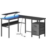 Casa si Gradina - Mobilier - Mese si birouri - Birouri - Birou in forma de L, suport monitor, raft si 2 sertare, 4 prize si 2 USB, 120x150x76 cm, negru - Infinity.ro