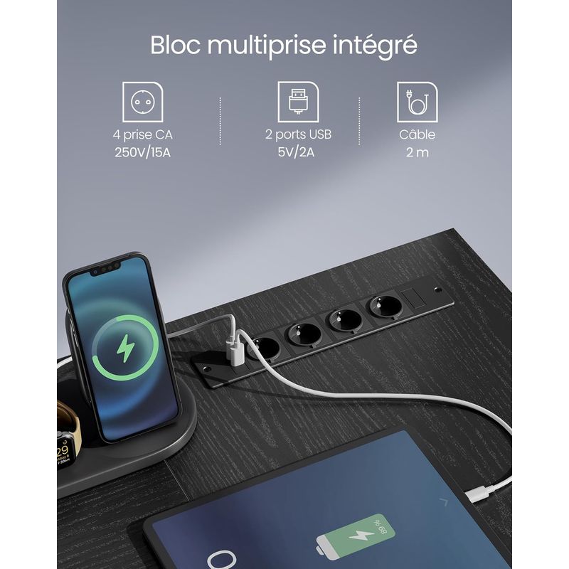 Casa si Gradina - Mobilier - Mese si birouri - Birouri - Birou in forma de L, suport monitor, raft si 2 sertare, 4 prize si 2 USB, 120x150x76 cm, negru - Infinity.ro