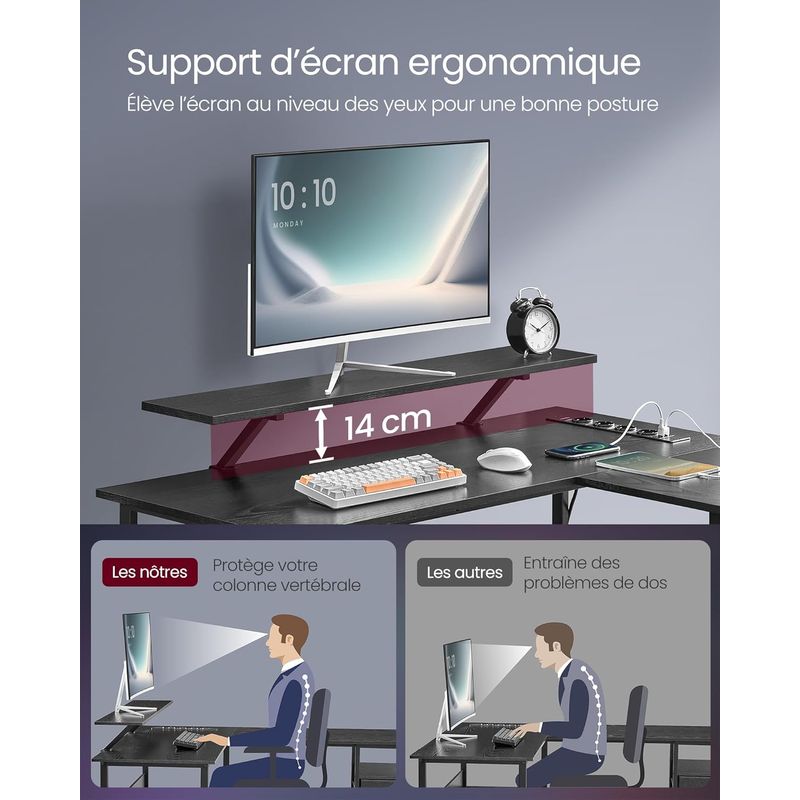 Casa si Gradina - Mobilier - Mese si birouri - Birouri - Birou in forma de L, suport monitor, raft si 2 sertare, 4 prize si 2 USB, 120x150x76 cm, negru - Infinity.ro