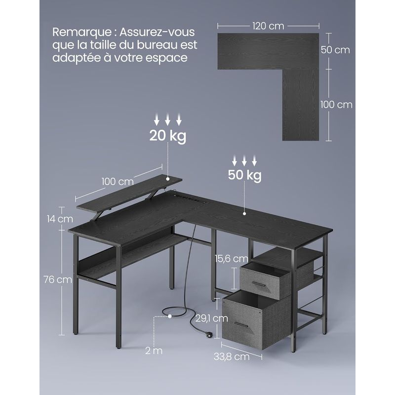 Casa si Gradina - Mobilier - Mese si birouri - Birouri - Birou in forma de L, suport monitor, raft si 2 sertare, 4 prize si 2 USB, 120x150x76 cm, negru - Infinity.ro