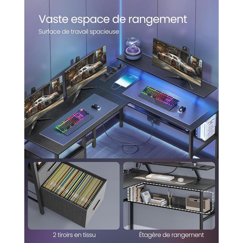 Casa si Gradina - Mobilier - Mese si birouri - Birouri - Birou in forma de L, suport monitor, raft si 2 sertare, 4 prize si 2 USB, 120x150x76 cm, negru - Infinity.ro