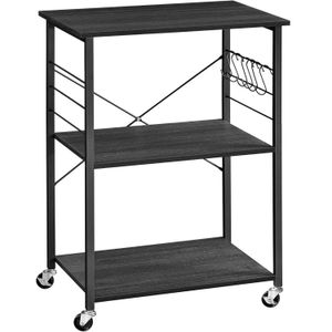 Raft de bucatarie pe roti, carucior de servire cu 3 rafturi, cadru metalic, 40x60x89 cm, design industrial, negru