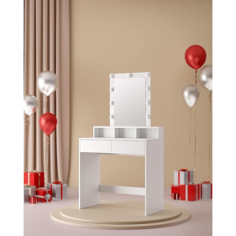 Casa si Gradina - Mobilier - Comode si corpuri - Masute de toaleta - VASAGLE Masa de toaleta cu oglinda si becuri, cu 2 sertare si 3 compartimente deschise, 40x80x145cm, modern, alb - Infinity.ro