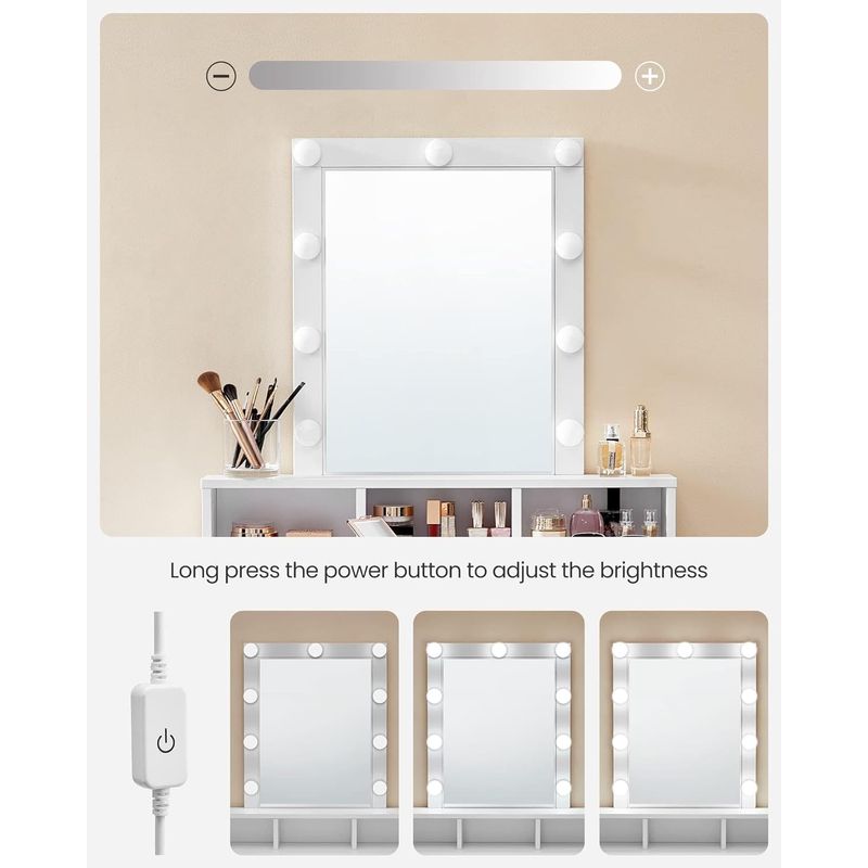 Casa si Gradina - Mobilier - Comode si corpuri - Masute de toaleta - VASAGLE Masa de toaleta cu oglinda si becuri, cu 2 sertare si 3 compartimente deschise, 40x80x145cm, modern, alb - Infinity.ro