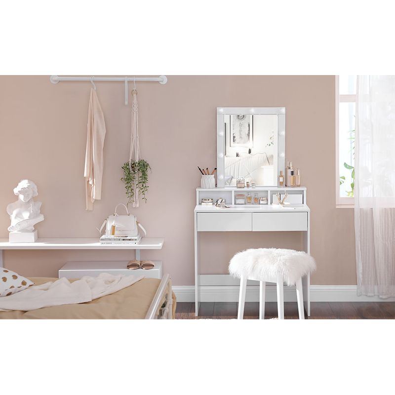 Casa si Gradina - Mobilier - Comode si corpuri - Masute de toaleta - VASAGLE Masa de toaleta cu oglinda si becuri, cu 2 sertare si 3 compartimente deschise, 40x80x145cm, modern, alb - Infinity.ro