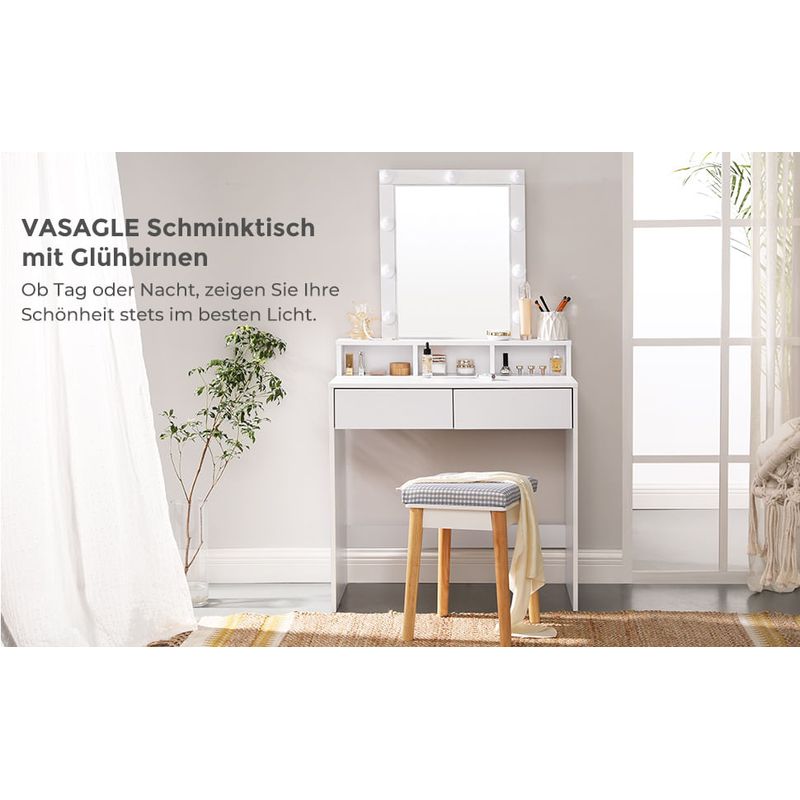 Casa si Gradina - Mobilier - Comode si corpuri - Masute de toaleta - VASAGLE Masa de toaleta cu oglinda si becuri, cu 2 sertare si 3 compartimente deschise, 40x80x145cm, modern, alb - Infinity.ro