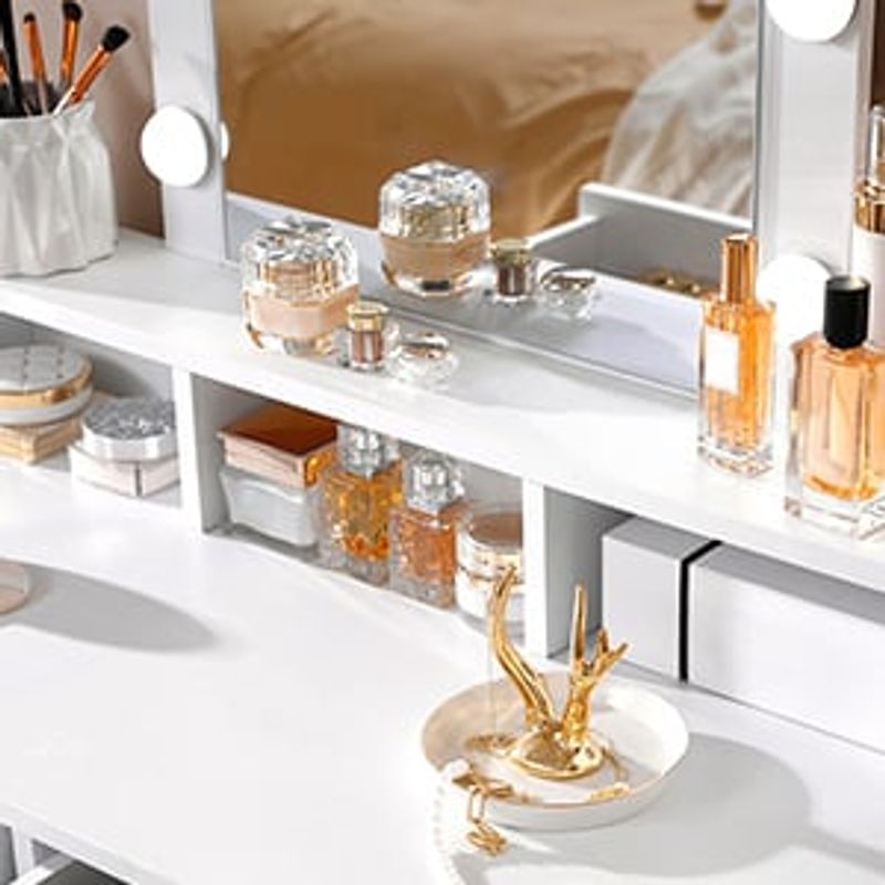 Casa si Gradina - Mobilier - Comode si corpuri - Masute de toaleta - VASAGLE Masa de toaleta cu oglinda si becuri, cu 2 sertare si 3 compartimente deschise, 40x80x145cm, modern, alb - Infinity.ro