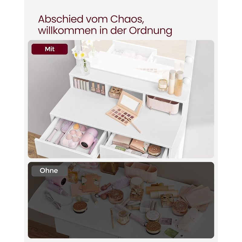 Casa si Gradina - Mobilier - Comode si corpuri - Masute de toaleta - Masa de toaleta cu oglinda, iluminare LED, 2 sertare si 3 compartimente deschise, 80x40x140cm, modern, alb - Infinity.ro