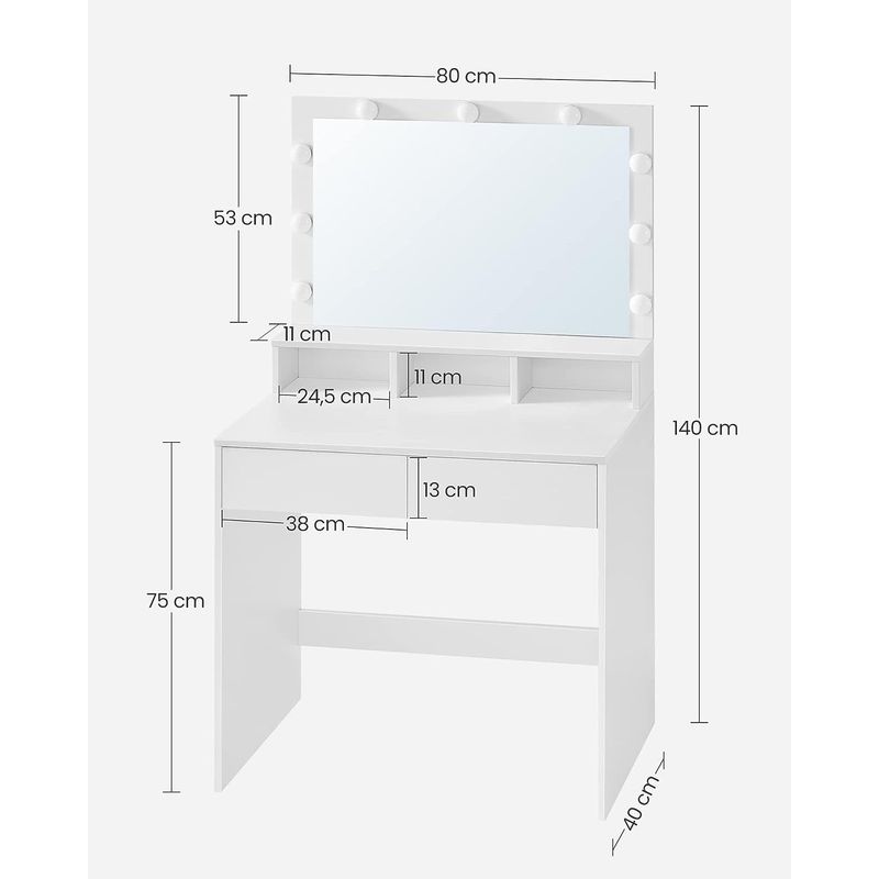 Casa si Gradina - Mobilier - Comode si corpuri - Masute de toaleta - Masa de toaleta cu oglinda, iluminare LED, 2 sertare si 3 compartimente deschise, 80x40x140cm, modern, alb - Infinity.ro