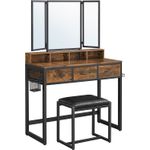 Casa si Gradina - Mobilier - Comode si corpuri - Masute de toaleta - Masuta toaleta 90x40x141 cm, cu 3 sertare, oglinda tripla si taburet, lemn si otel, maro rustic si negru - Infinity.ro
