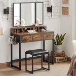 Casa si Gradina - Mobilier - Comode si corpuri - Masute de toaleta - Masuta toaleta 90x40x141 cm, cu 3 sertare, oglinda tripla si taburet, lemn si otel, maro rustic si negru - Infinity.ro