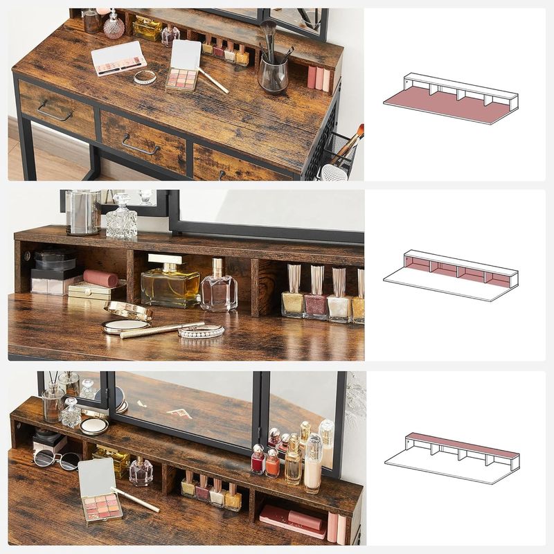 Casa si Gradina - Mobilier - Comode si corpuri - Masute de toaleta - Masuta toaleta 90x40x141 cm, cu 3 sertare, oglinda tripla si taburet, lemn si otel, maro rustic si negru - Infinity.ro