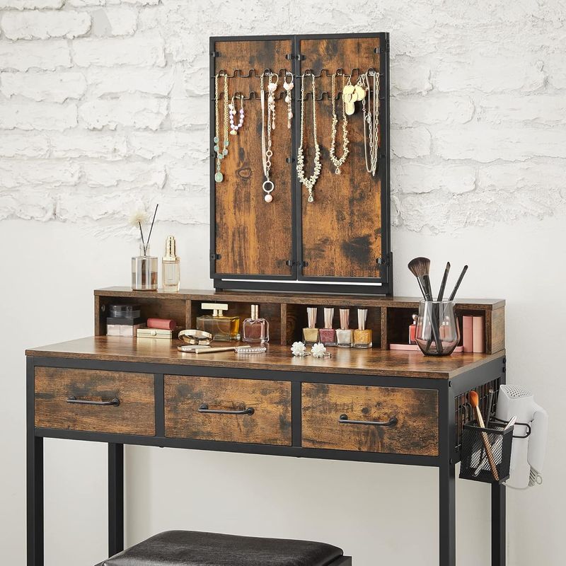 Casa si Gradina - Mobilier - Comode si corpuri - Masute de toaleta - Masuta toaleta 90x40x141 cm, cu 3 sertare, oglinda tripla si taburet, lemn si otel, maro rustic si negru - Infinity.ro