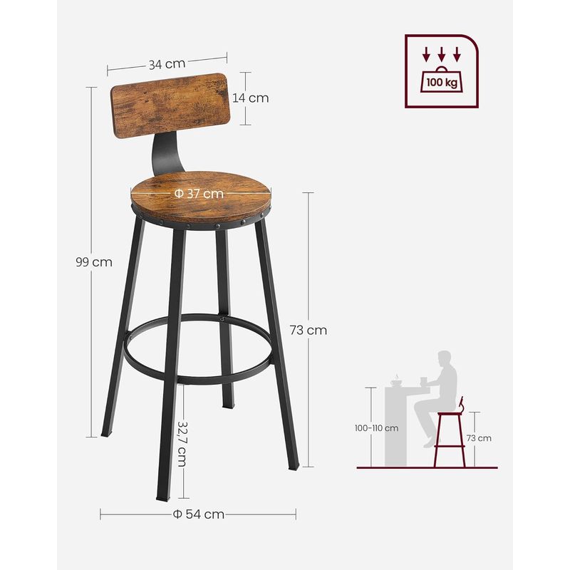 Casa si Gradina - Mobilier - Scaune si fotolii - Scaune - Set de 2 scaune de bar inalte cu spatar, cadru din otel, industrial, 54x99cm, maro rustic - Infinity.ro