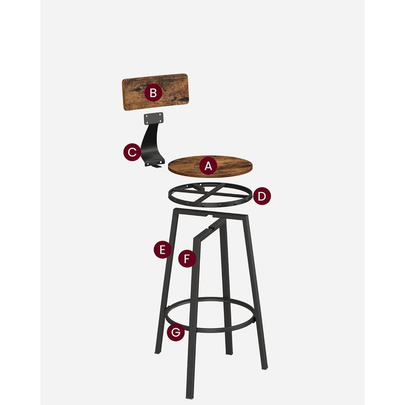 Casa si Gradina - Mobilier - Scaune si fotolii - Scaune - Set de 2 scaune de bar inalte cu spatar, cadru din otel, industrial, 54x99cm, maro rustic - Infinity.ro
